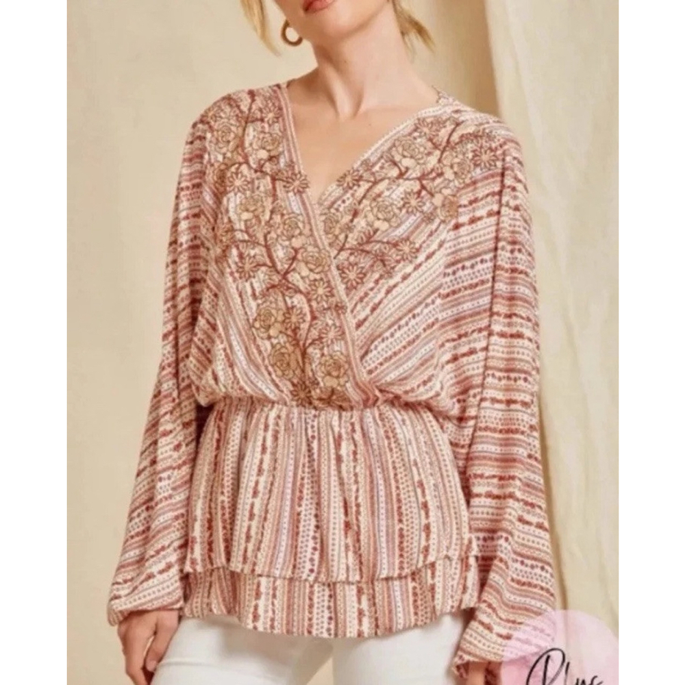 Savanna Jane Embroidered Surplice Blouse Size S Boho Peasant Casual